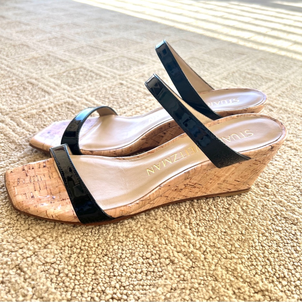 Stuart Weitzman Black Patent Cork Wedge Sandals - Picture 5 of 8
